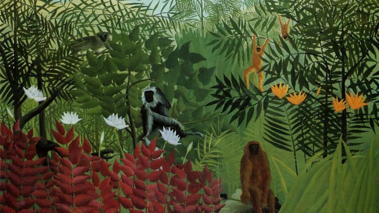 A painting by Henri Rousseau with monkeys in a jungle setting.
