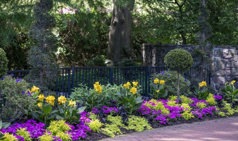 A brick patio, featuring a garden along the edge with purple and yellow flowers. 