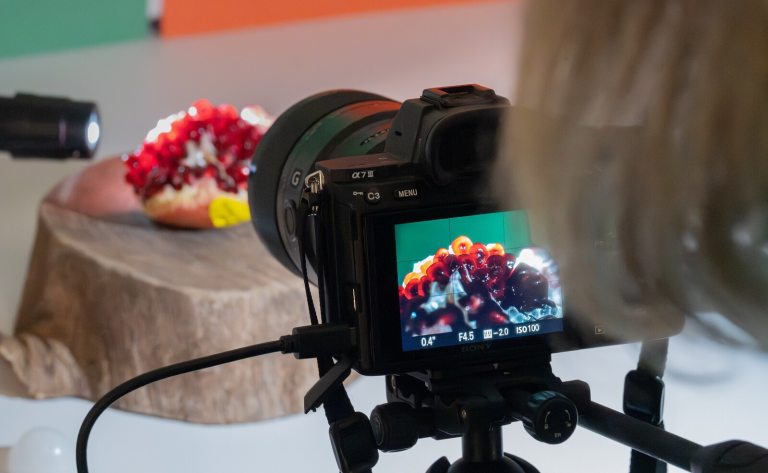 A blurred person standing behind a camera, photographing floral material. 