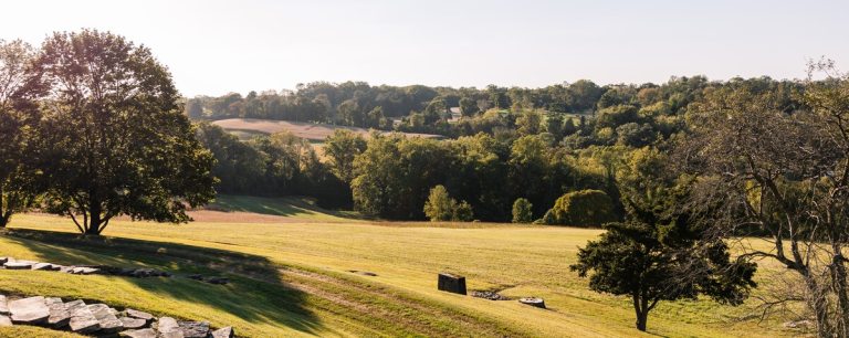 A wide angle vista of a large open green space, wtih rolling hills and large trees in the background. 