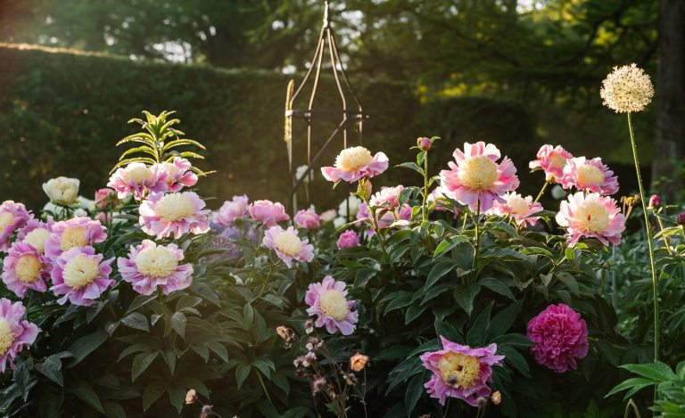 A garden full of peony flowers. 