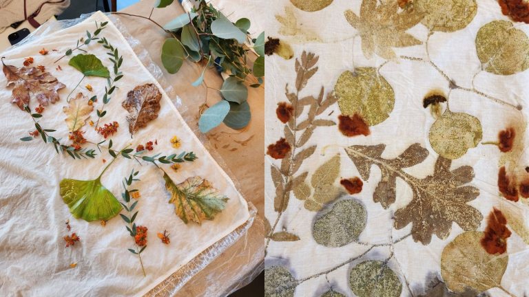 Fall leaves are arranged on a white cotton bandana in the process of using eco-printing to dye the fabric.