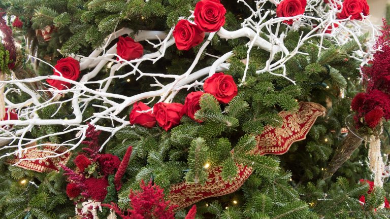 A close up of a Christmas tree decorated with red flowers, ribbon, and white branches.