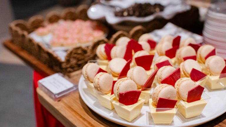 Closeup of dessert serving plate filled with festive holiday bites. 