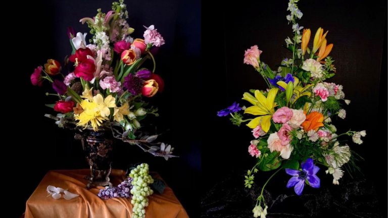 Two Dutch-style floral arrangements on a black background