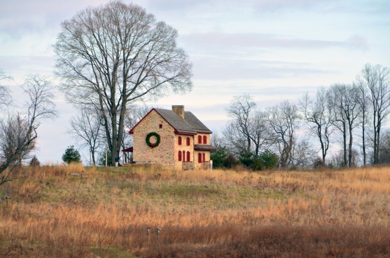A vista of the Webb Farm House in the Meadow Garden.