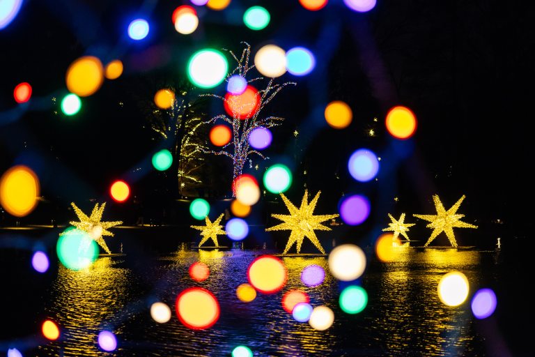 abstract view of points of light from multi-colored Christmas lights layered over a view of a body of water with large illuminated stars floating