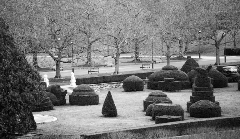 A black and white image of a wide angle landscape, featuring topiary trees in the foreground. 