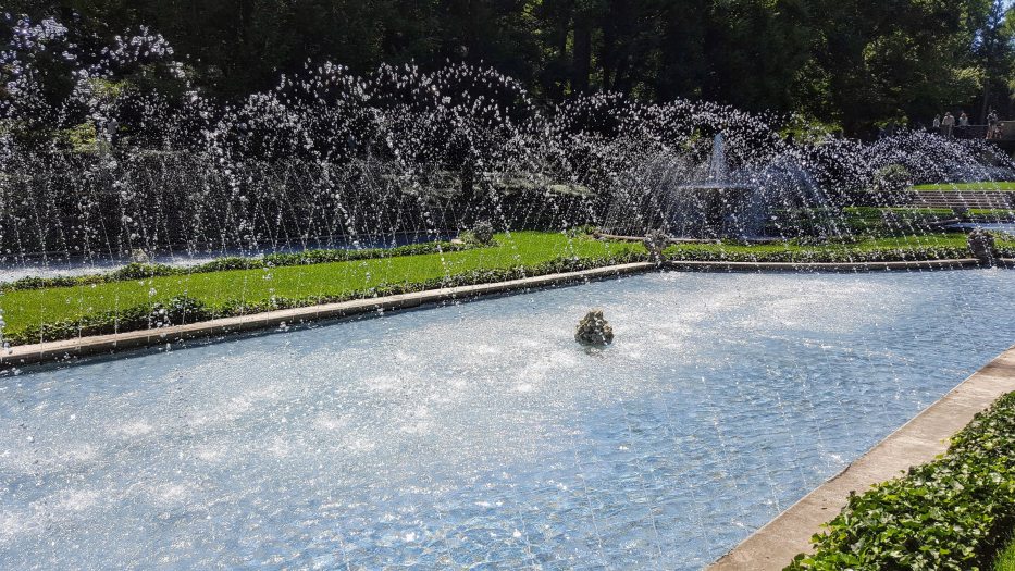 Small water fountains arch over a larger pool of water in the ground surrounded by green grass