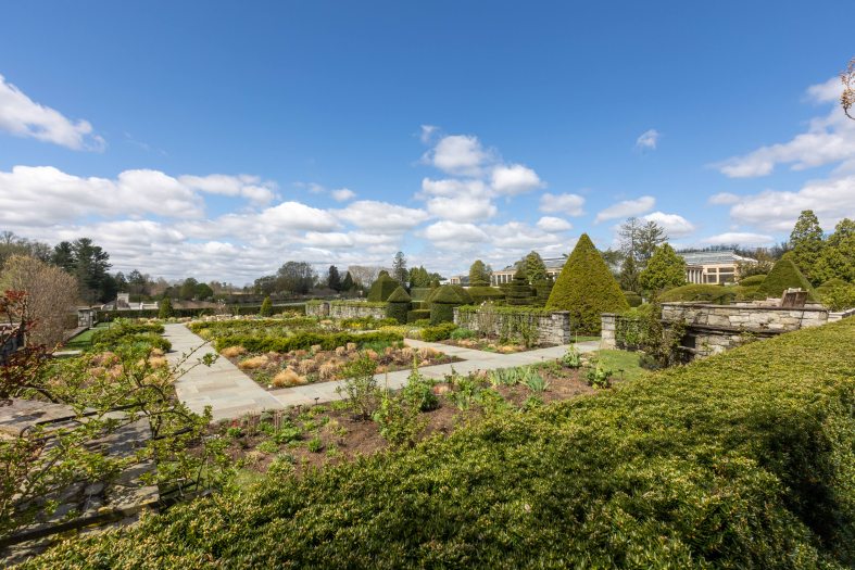 A wide shows the outdoor Rose Garden filled with green plants under a bright sun and blue sky 