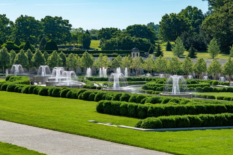 a bright green lawn with bushes and fountains 