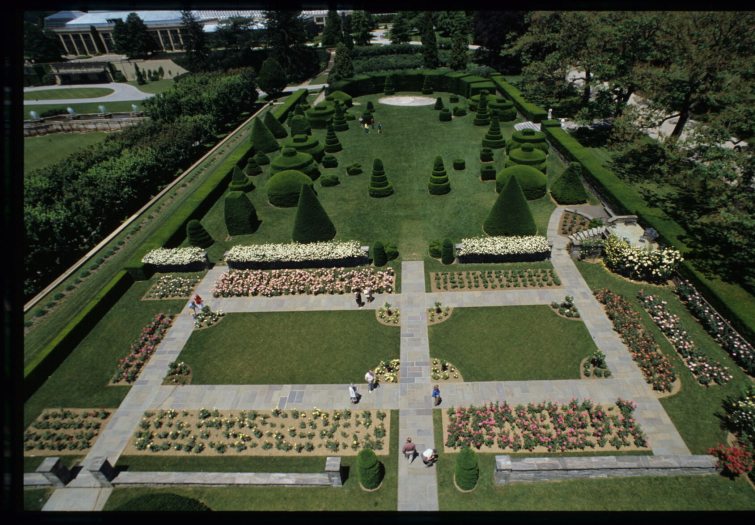 vintage aerial photo of two adjoining planned gardens 