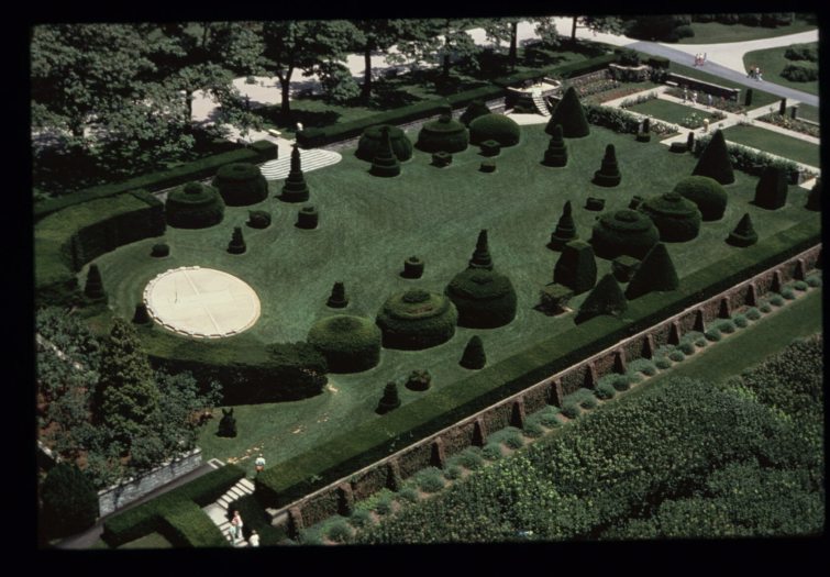 Vintage aerial photo of a topiary garden where everything is green