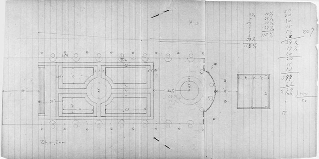 Black and white scan of hand drawn sketches and measures of a fountain garden