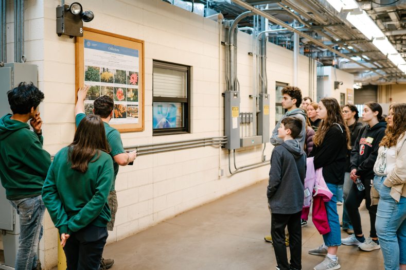 teens standing and listening to person pointing to images on a board