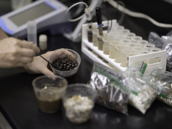 A lab setup with three clear cups of soil, test tubes, bags of soil, and measuring equipment.