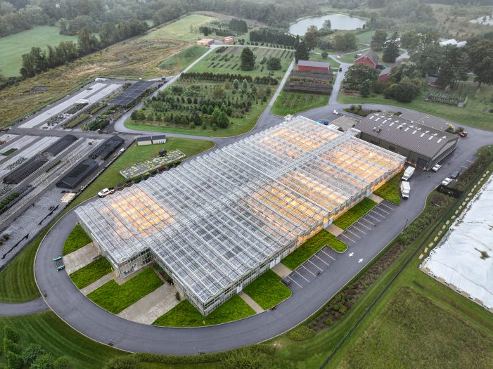 An aerial view of a glass greenhouse and another building with a black roof. In the background are rows of shrubs in neat rows.   