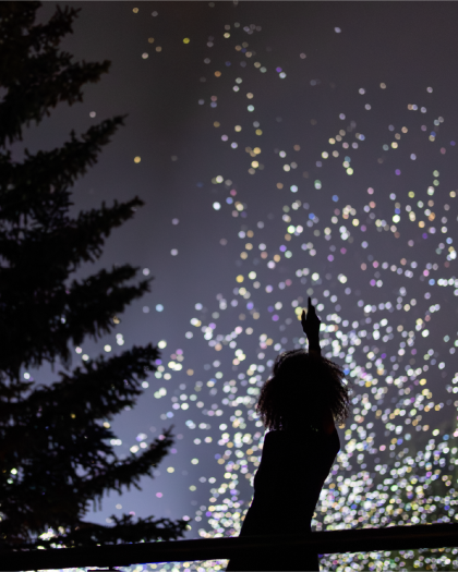 Silhouette of a person next to an evergreen tree at night, showered in white sparks.