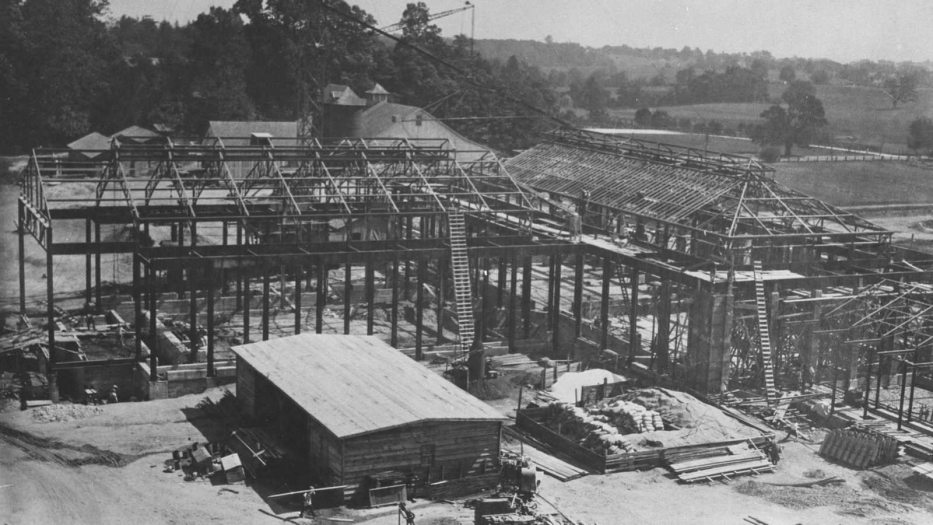 b&w image of framework of large structure under construction