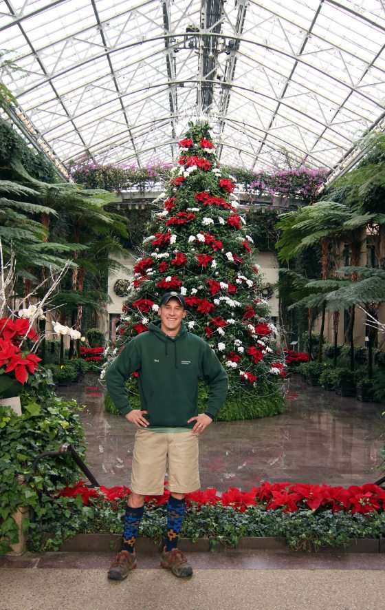 person standing in front of a red and white decorated Christmas tree