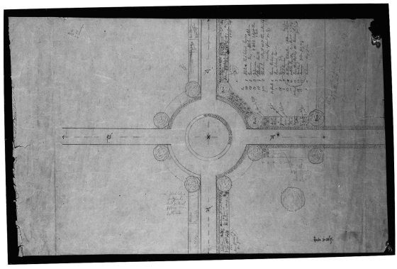 black and white historic drawing of a circular garden with four pathways leading out from its center