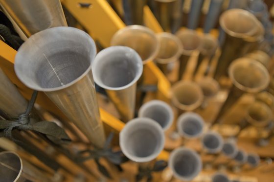 Overhead view of gold organ pipes