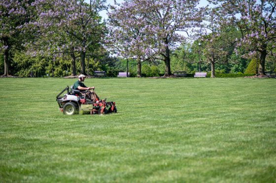 person on a riding lawn mower mowing a large patch of grass