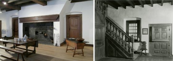 two images of rooms at a museum
