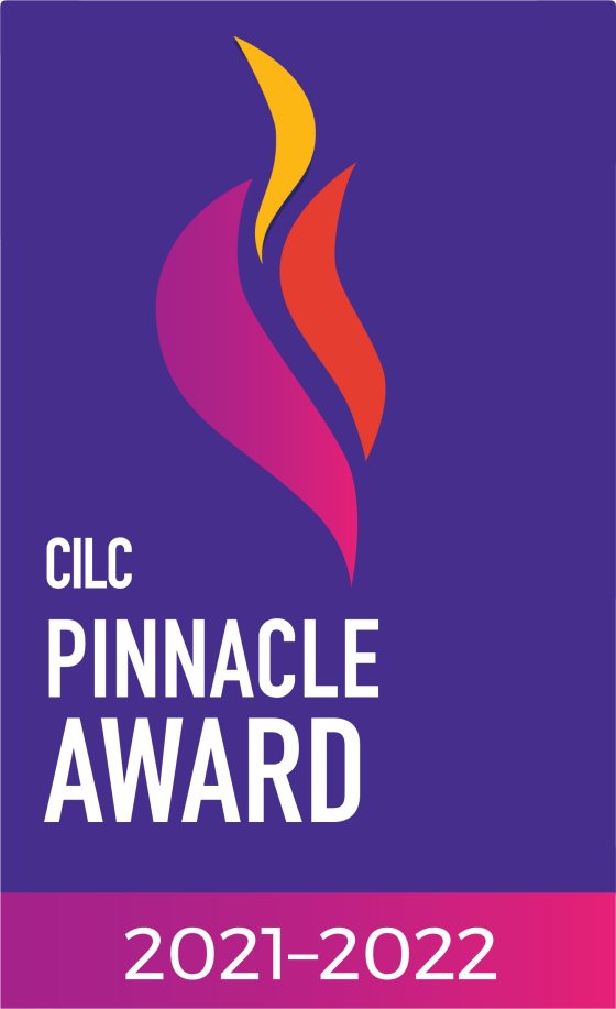 Graphic with purple background and 3 flame-like shapes (pink, yellow, orange) with the words "CILC Pinnacle Award" in white; a pink banner at bottom with white text reads "2021-2022"