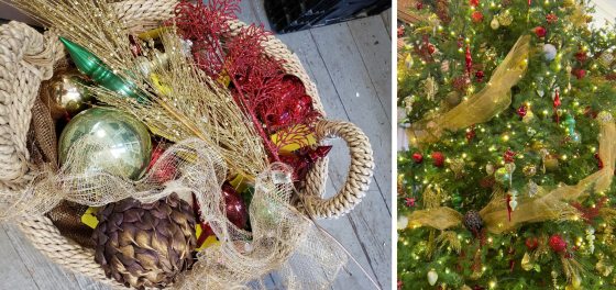 on the left a basket of ornaments and floral material, on the right a decorated tree with ornaments from the basket