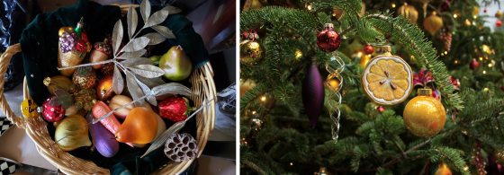 on the left is a basket of fruit themed ornaments, on the right is a tree decorated in those ornaments