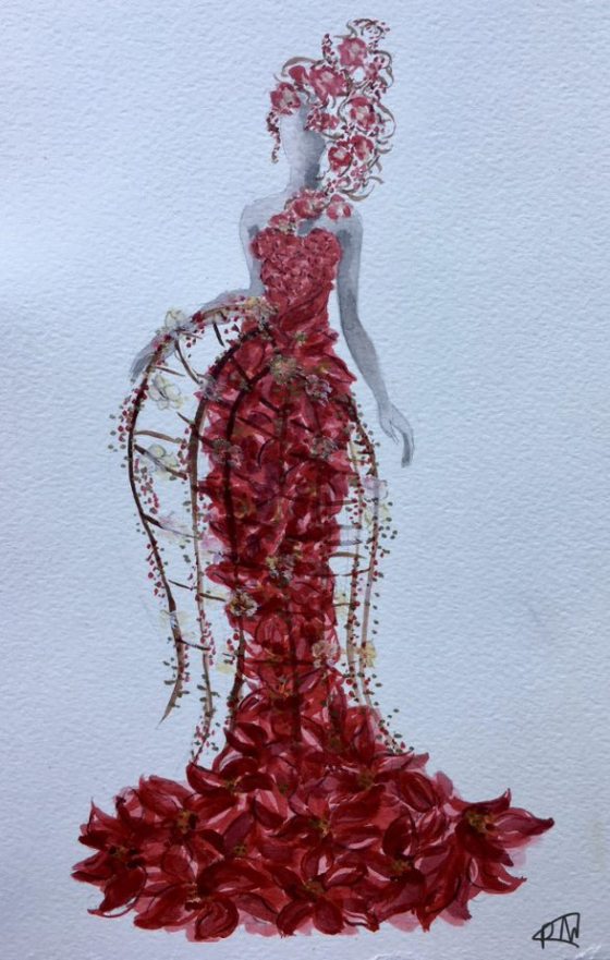 a sketch of a red dress made out of flowers