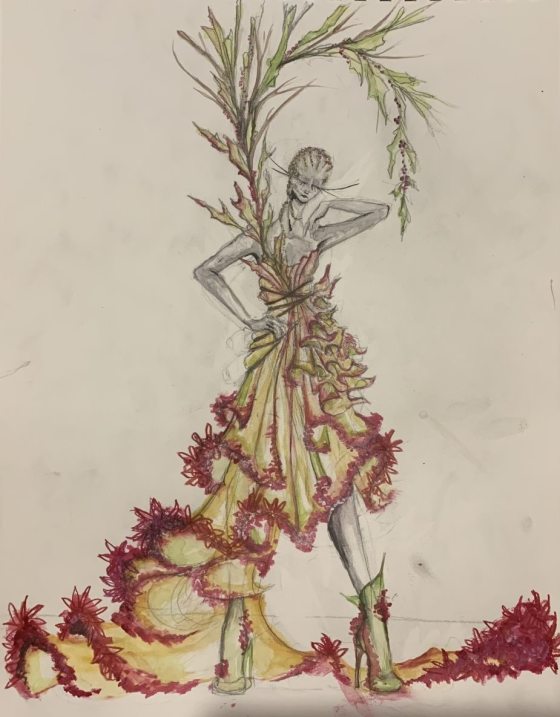 sketch of a green and red dress made of floral materials
