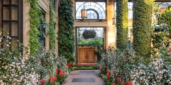 an indoor garden path lined with red and white blooms looks toward a pair of wooden doors overhung by a basket of purple blooms, a cylindrical golden lantern, and an arched window