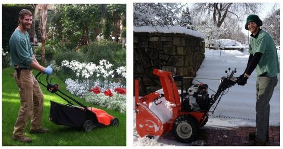 a person in two pictures one mowing a lawn and the other using a snow blower
