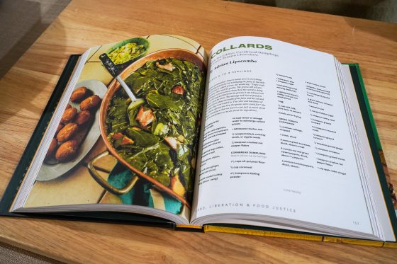 a cookbook open to a collards recipe