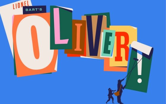 Colorful letters spell out the word "Oliver!" against a light blue background