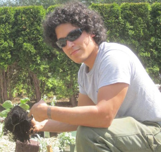 A man with dark curly hair in a grey t-shirt holds a plant as he prepares to put it in a garden.  