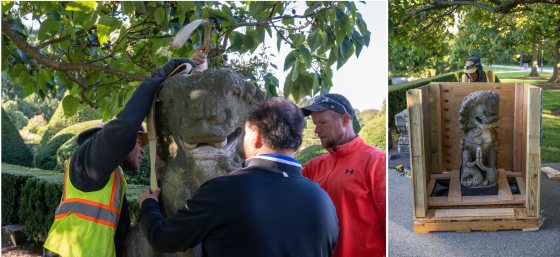 two images of people removing the statues and putting them in boxes for transport