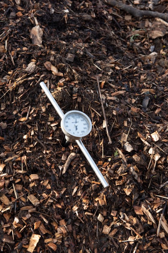 A thermometer laying on a pile of brown mulch.
