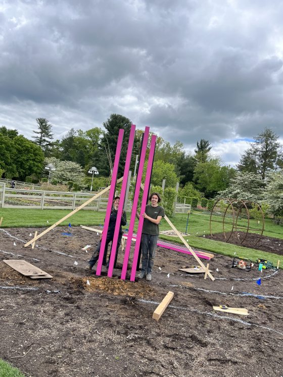 Two people standing with tall pink painted posts in an empty garden bed.