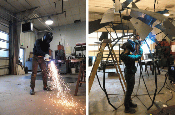 Two images, both with people welding a metal sculpture together in a workshop.