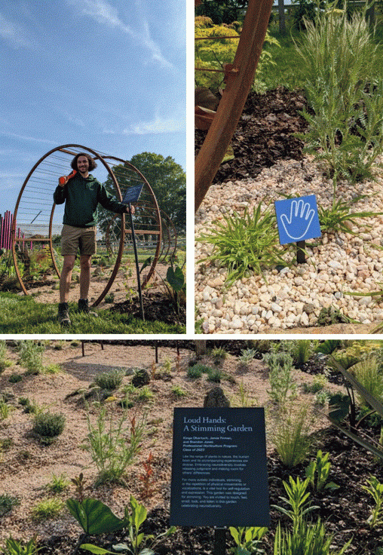 A person installing an intepretive sign in a new garden bed.