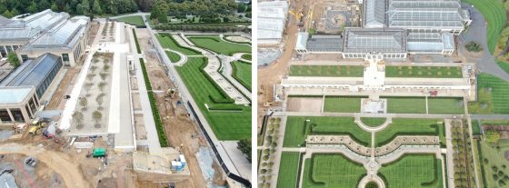 Two drone images of the Longwood Reimagined project focusing on the sod at Longwood Gardens.