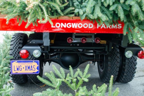 The back of a truck bed featuring a vintage license plate that reads LWG XMAS.
