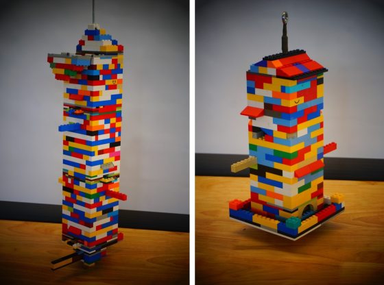 Two images of different style birdhouses made out of lego blocks.