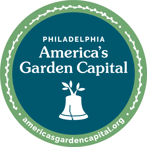 A green and teal circle with the words Philadelphia America's Garden Capital in the center.