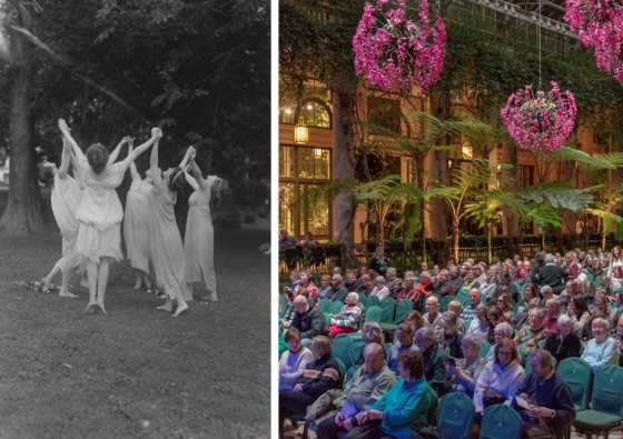 On the left is a black and white image of people in white dresses holding hands in a circle. The left shows people seated in a conservatory for a concert. 