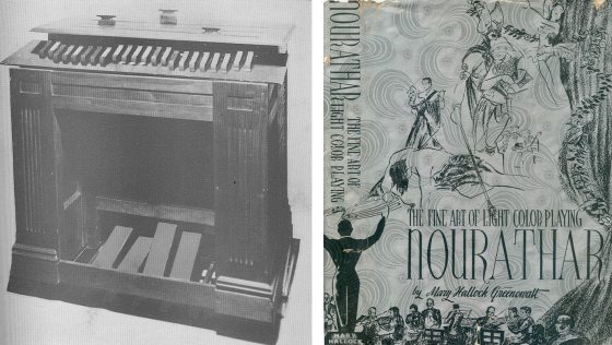  The console of the Color Organ (left photo) and the dust jacket of an accompanying book (right photo).