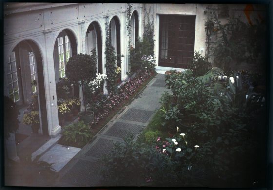 A vintage image of the interior of the Peirce du Pont House featuring arched windows and garden beds.